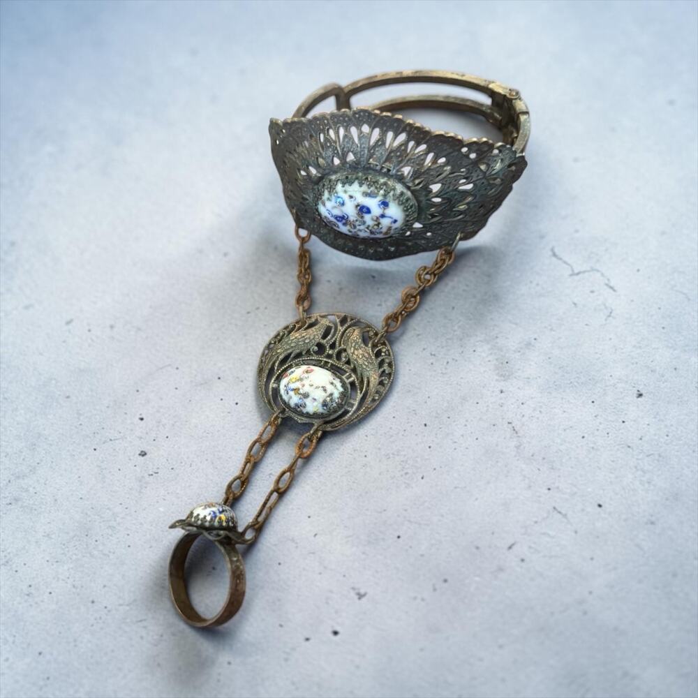 Vintage Art Nouveau Style Hand Bracelet Millefiori Glass Filigree Slave Bracelet